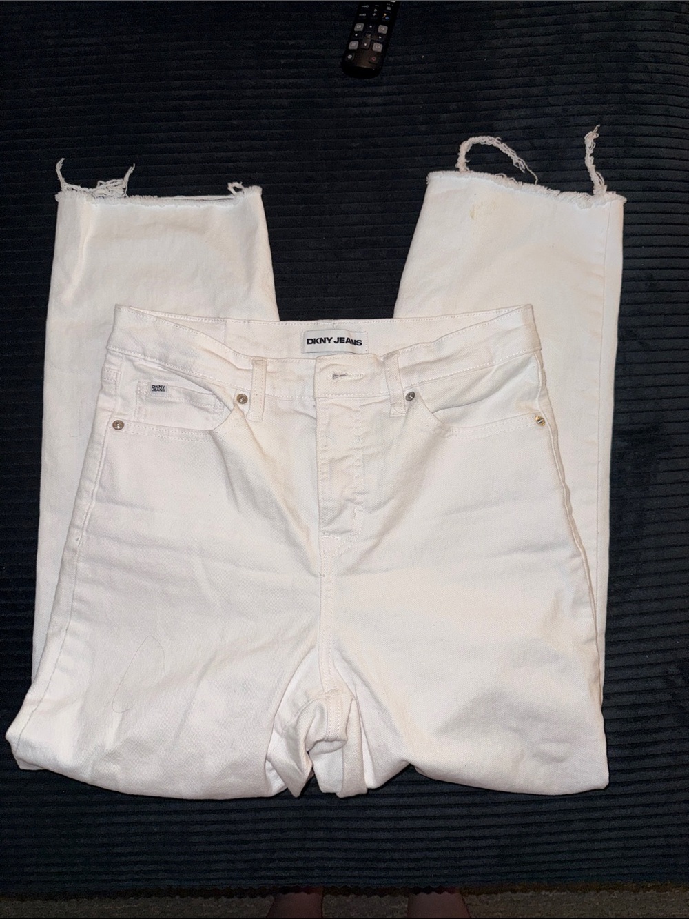 DKNY White High-Rise Denim Jeans with Frayed Hem